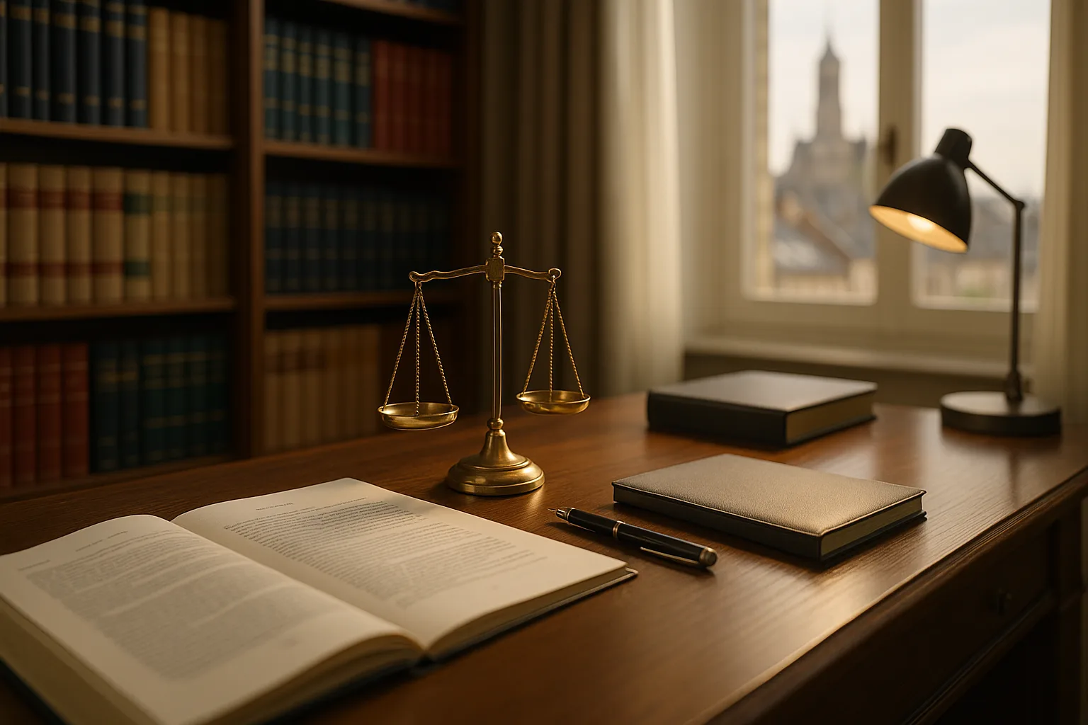 Bureau d’avocat à Laon avec balance de la justice dorée, documents légaux ouverts, stylo plume élégant, lampadaire discret et bibliothèque de codes juridiques en arrière-plan avec vue floutée sur l’architecture historique de Laon