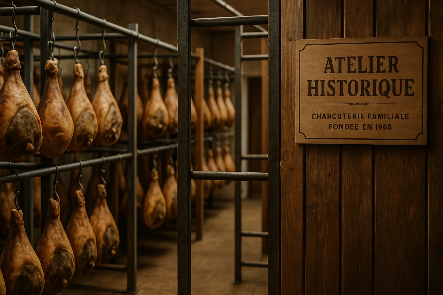 Atelier de charcuterie à Lacaune avec séchoirs et jambons, illustrant la liquidation de Maison Milhau après un redressement judiciaire sans repreneur