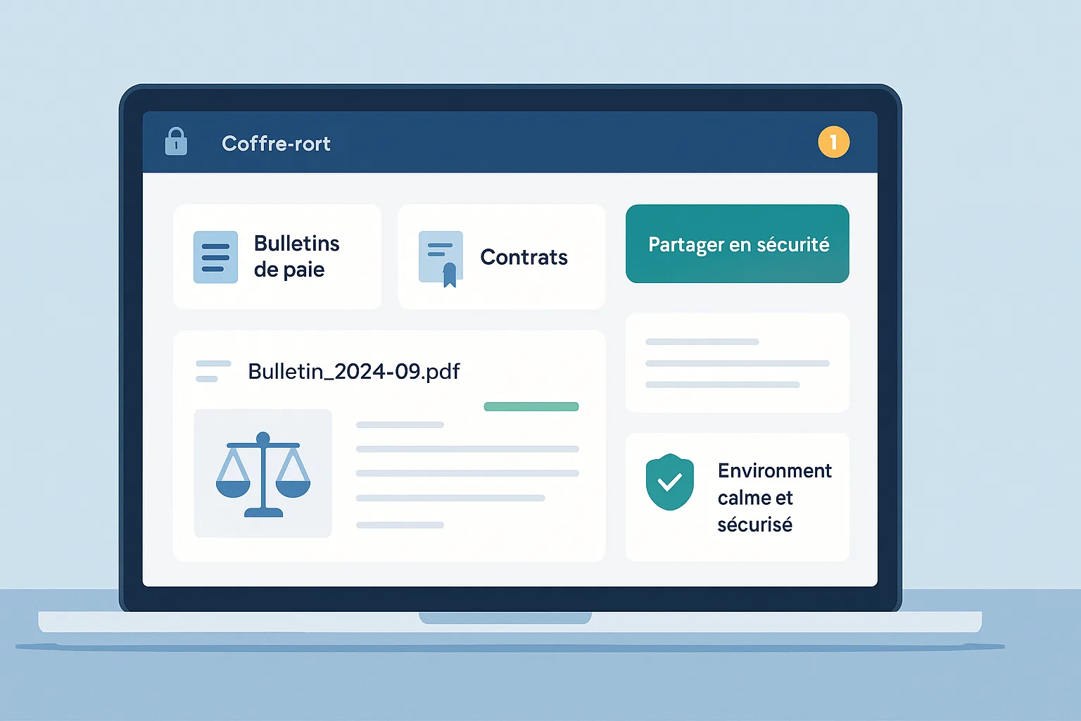 Illustration 16:9 montrant l’interface d’un coffre-fort numérique sur ordinateur portable en perspective 3/4, avec cartes Bulletins de paie, Contrats, Attestations, bouton Partager en sécurité, aperçu PDF, cadenas et badge RGPD