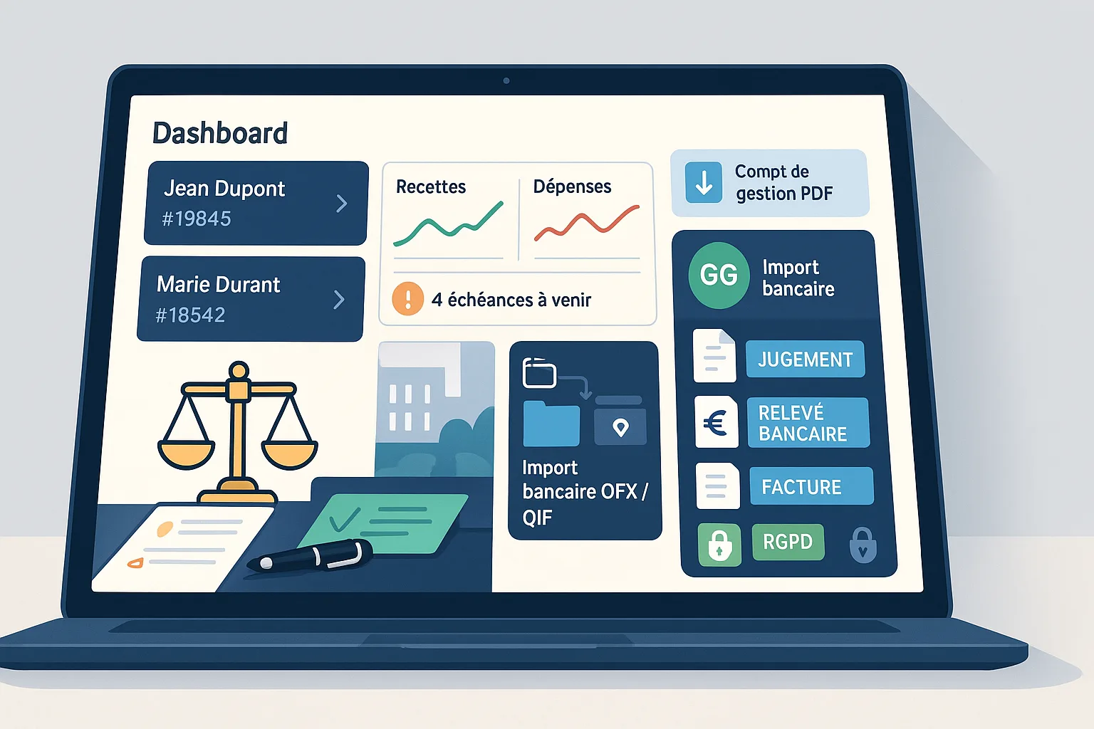 Illustration 16:9 montrant l’interface SaaS d’un tableau de bord de gestion de tutelle et curatelle sur ordinateur portable, avec cartes de dossiers, graphiques recettes/dépenses, alertes d’échéances, import bancaire OFX/QIF, section GED sécurisée RGPD