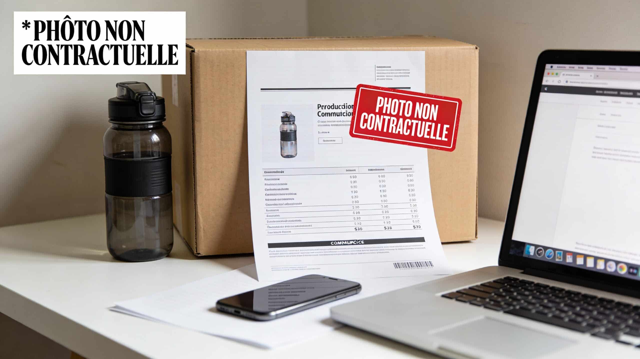Fiche produit e‑commerce avec un autocollant rouge « PHOTO NON CONTRACTUELLE », près d’un colis, d’un ordinateur portable et d’un smartphone.
