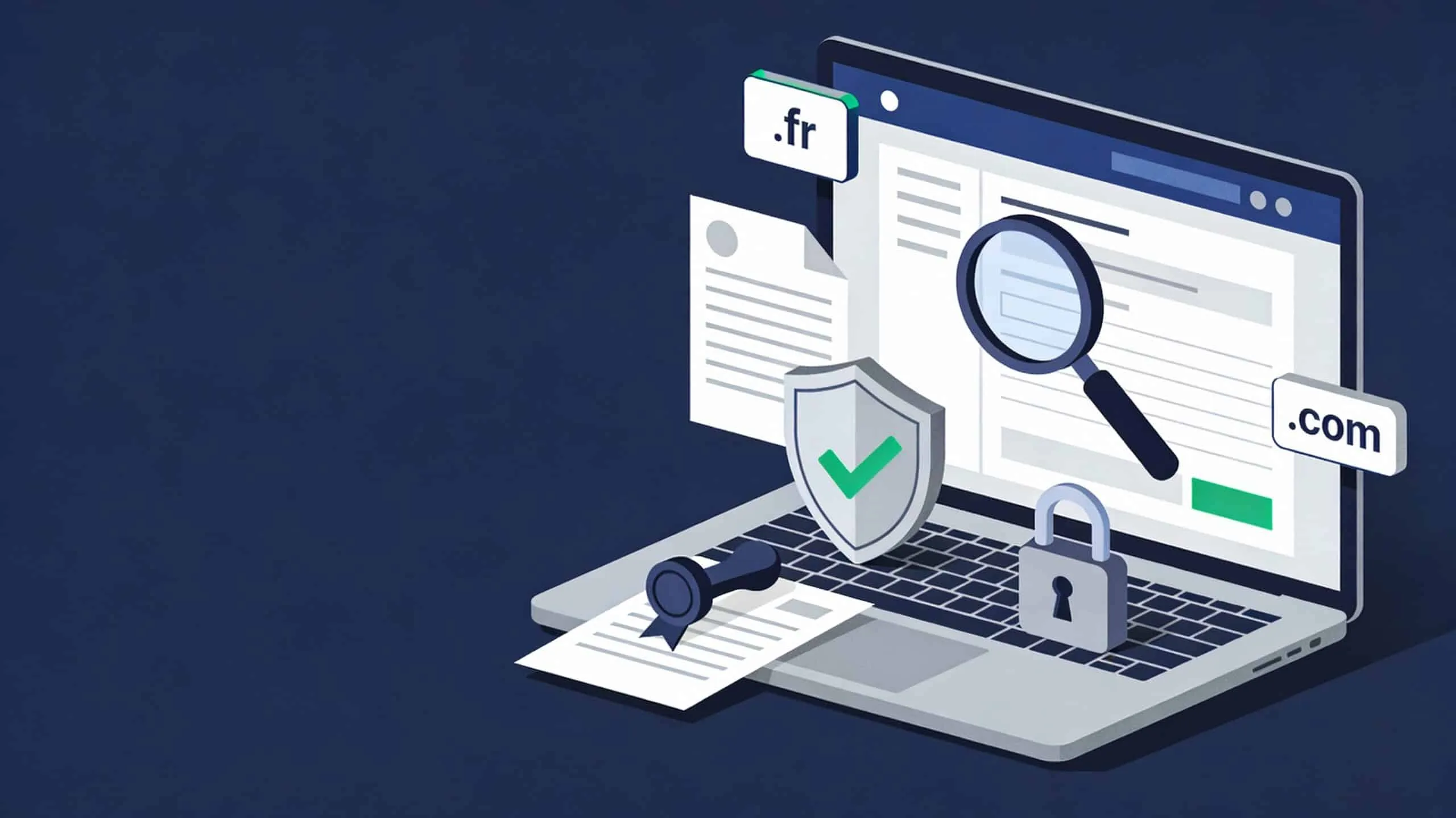 Illustration vectorielle d’un ordinateur affichant une page web, avec une loupe, un bouclier validé, un cadenas et des documents juridiques, évoquant la vérification d’un site et la confusion .fr/.com.
