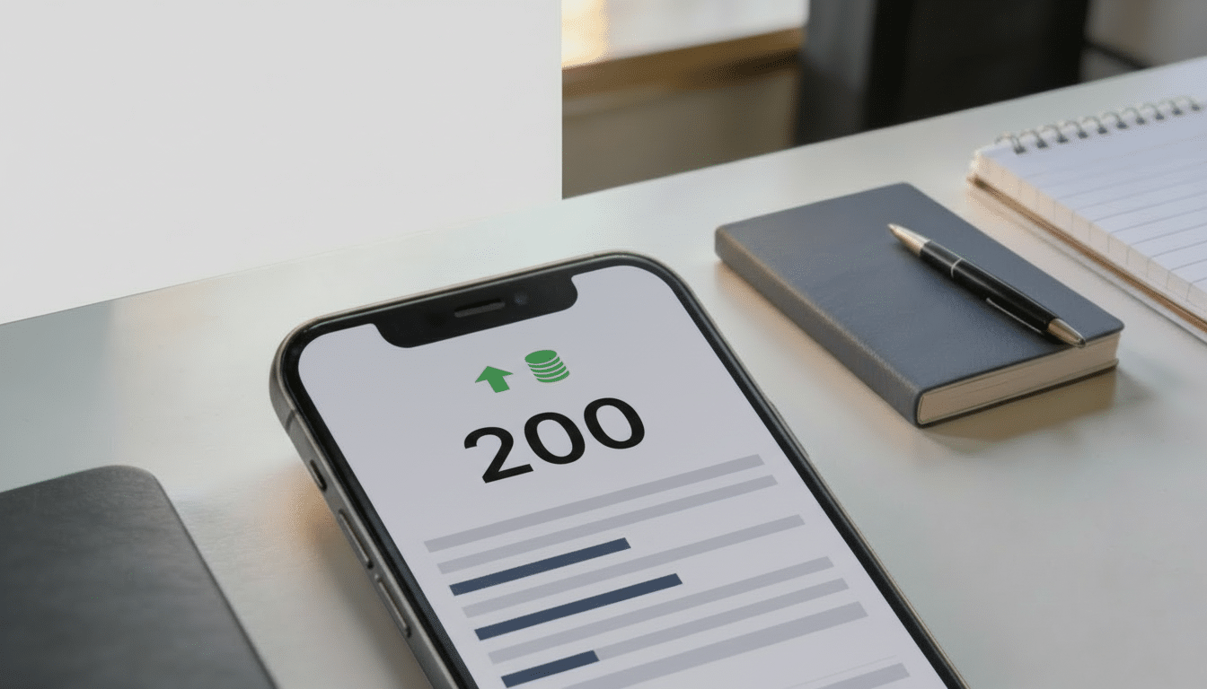 Smartphone affichant une interface bancaire suggérant un crédit de 200 sur un bureau avec agenda et stylo.