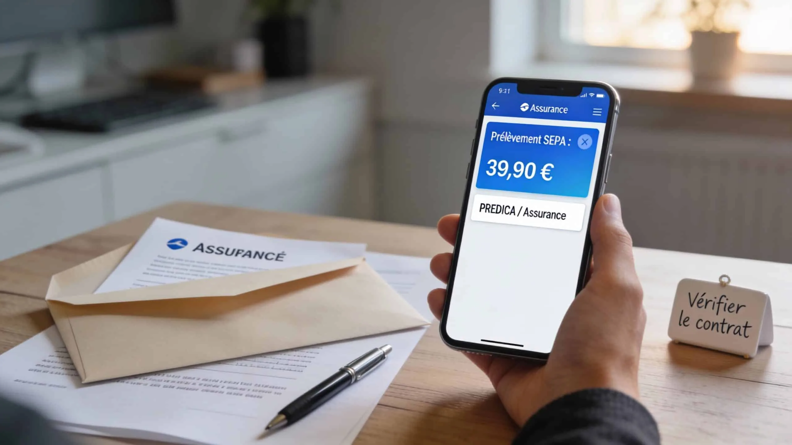 Main tenant un smartphone affichant « Prélèvement SEPA : 39,90 € » avec libellé « PREDICA / Assurance », sur un bureau avec documents et pense-bête