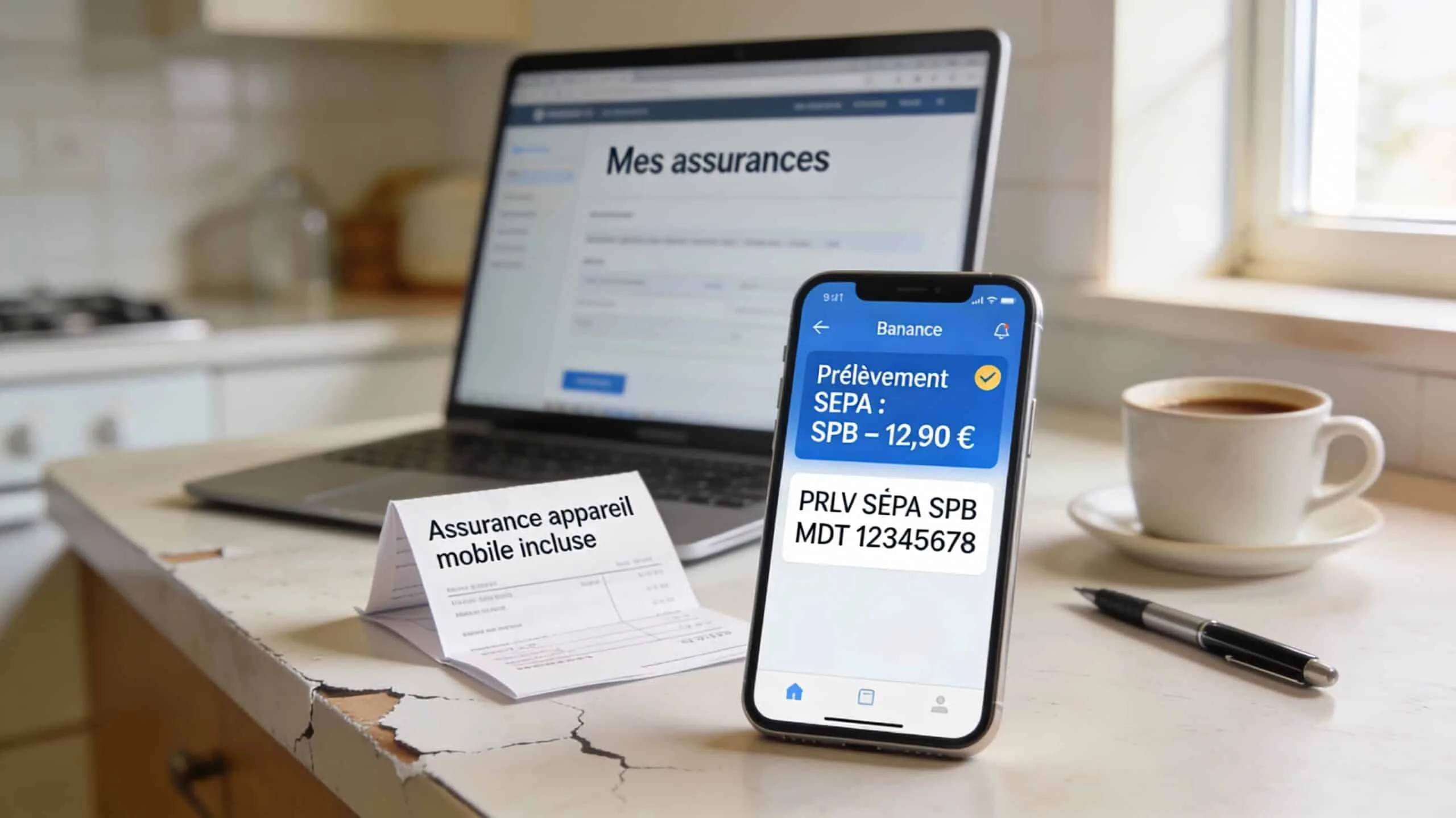 Smartphone affichant « Prélèvement SEPA : SPB – 12,90 € » avec libellé « PRLV SEPA SPB MDT », sur table avec facture smartphone et tasse café