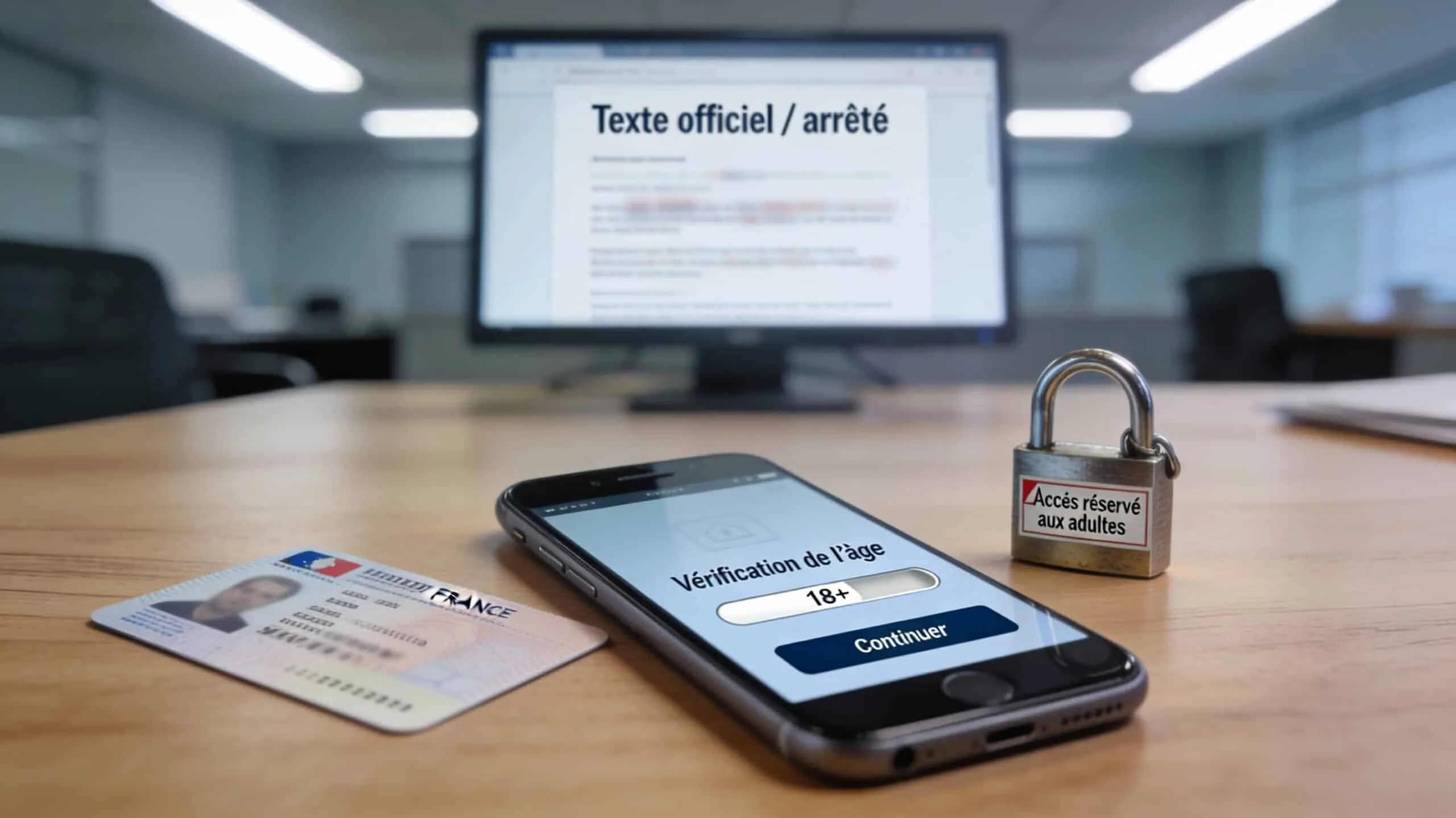Smartphone affichant un écran de vérification d’âge 18+ sur un bureau, avec cadenas et carte d’identité floutée, illustrant la protection des mineurs