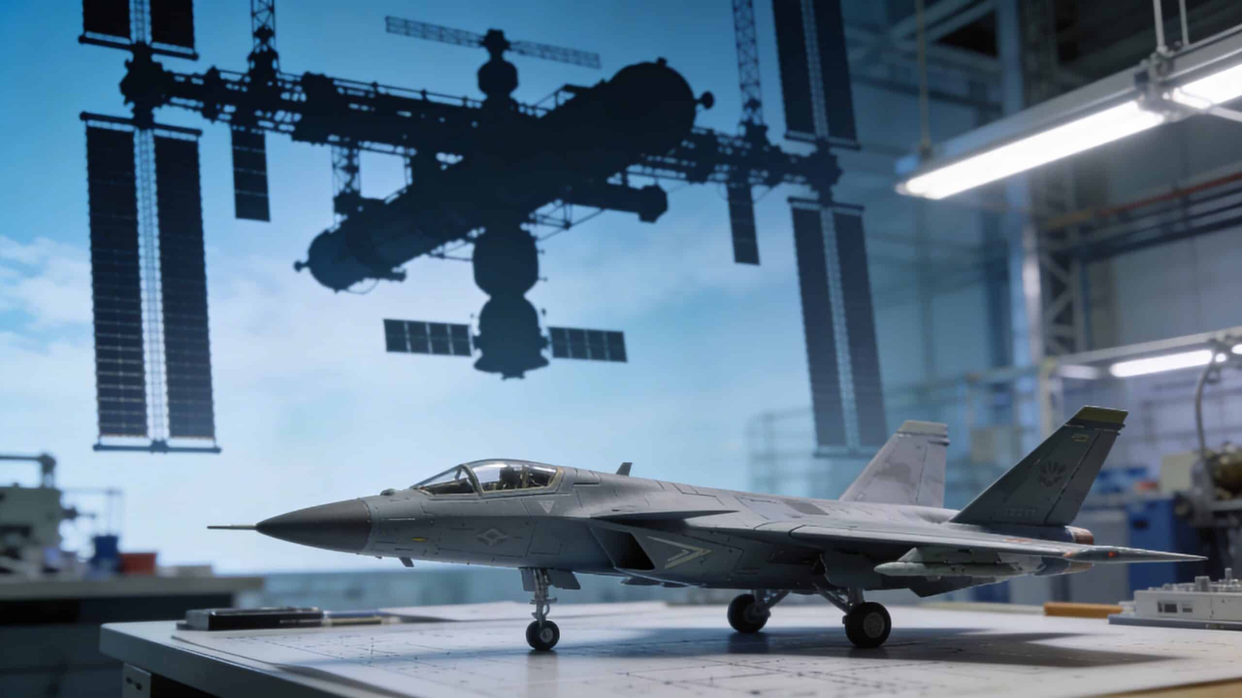 Satellite en silhouette dans un environnement high-tech, avec une maquette d’avion militaire sur un bureau d’ingénierie, arrière-plan d’atelier flou.