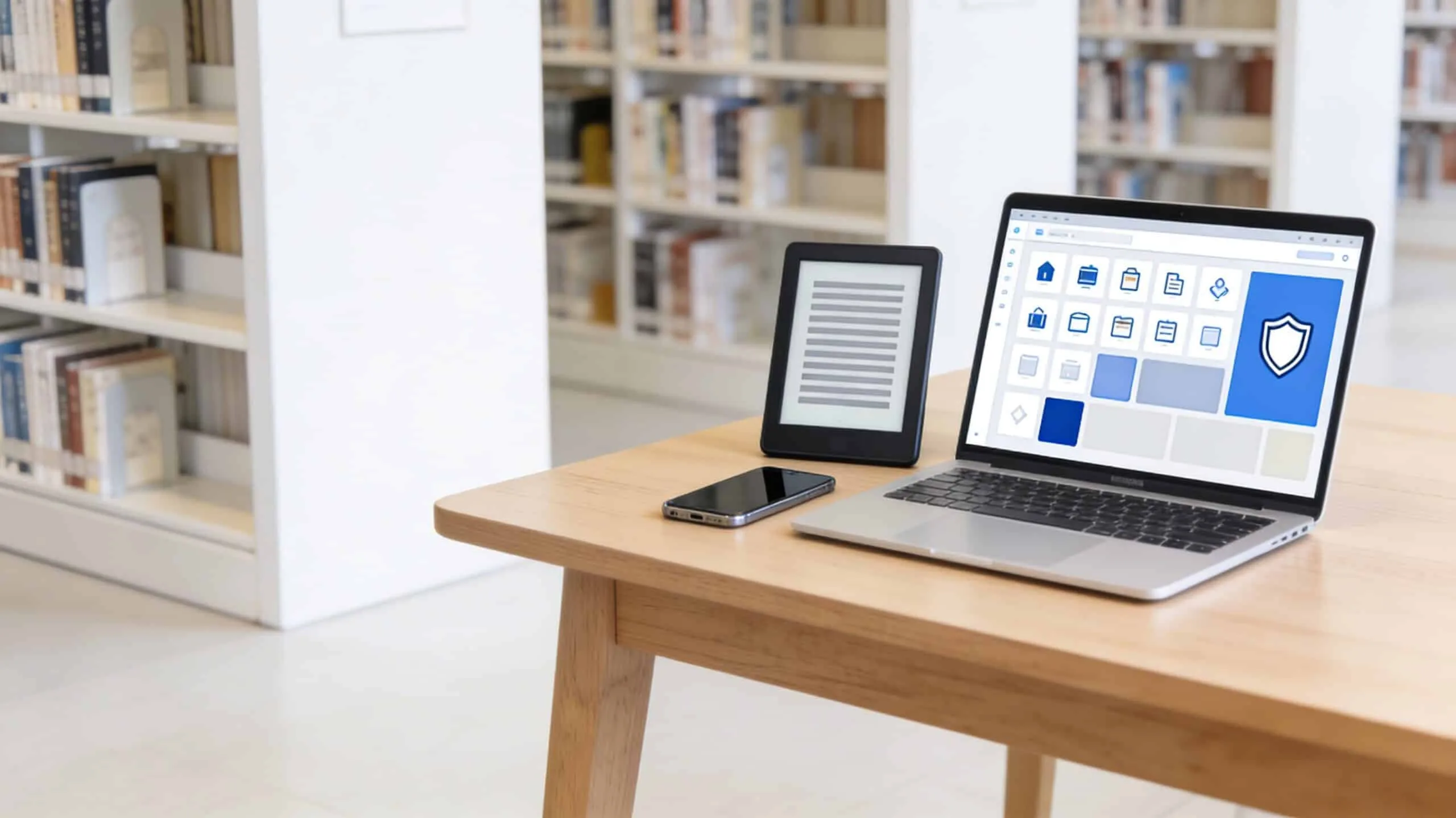 Liseuse, smartphone et ordinateur affichant une bibliothèque numérique, illustrant la lecture d’ebooks légale et sécurisée