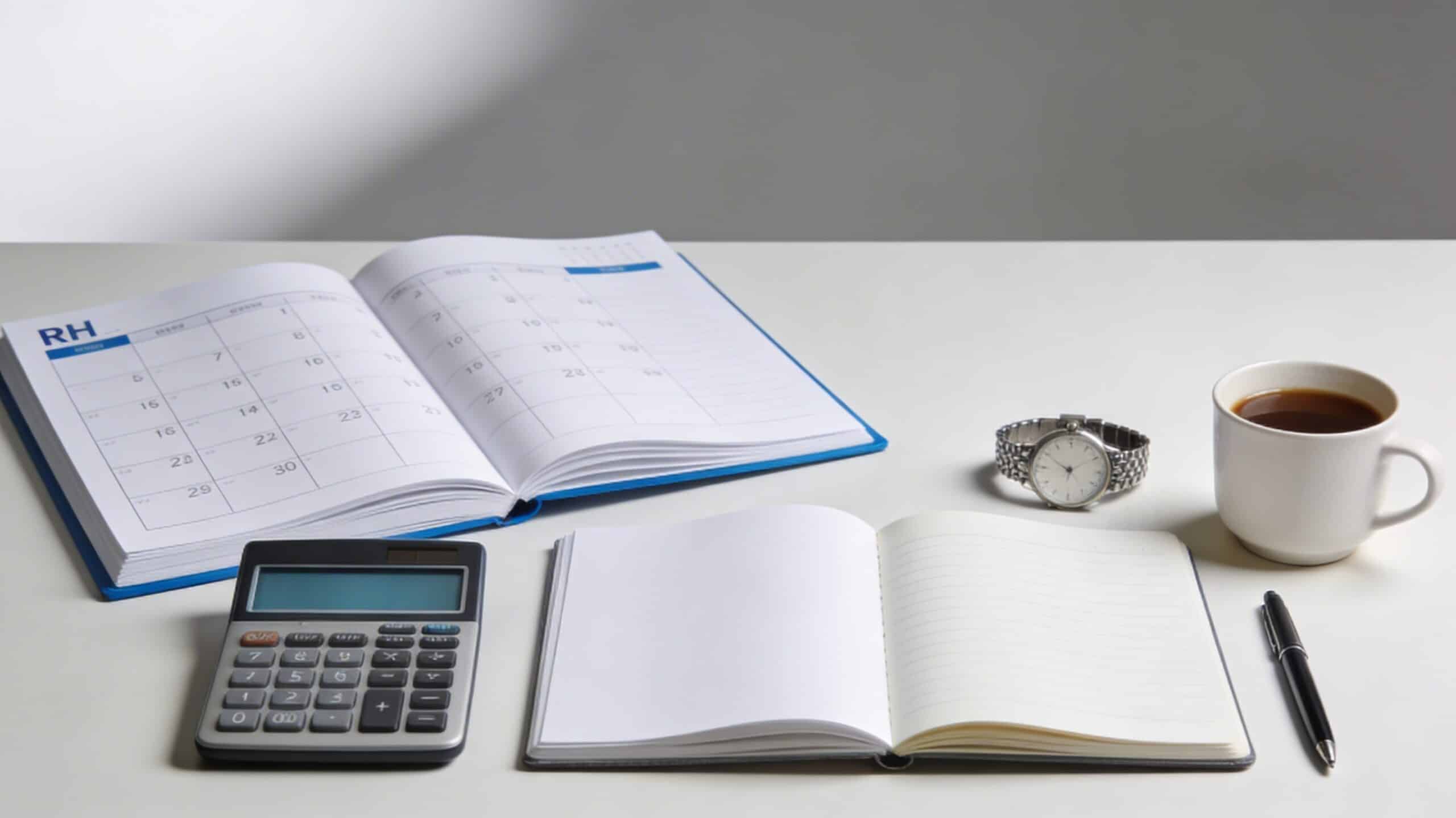 Bureau administratif avec calendrier papier vierge, calculatrice sans affichage, carnet ouvert, stylo, montre et tasse de café.