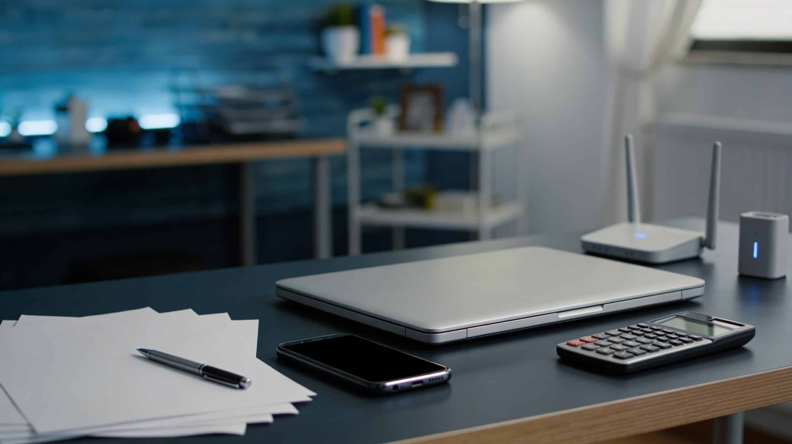 Bureau moderne au ton sérieux avec ordinateur portable fermé, smartphone écran noir, feuilles blanches, stylo, calculatrice et petit routeur Wi‑Fi en arrière-plan flou.
