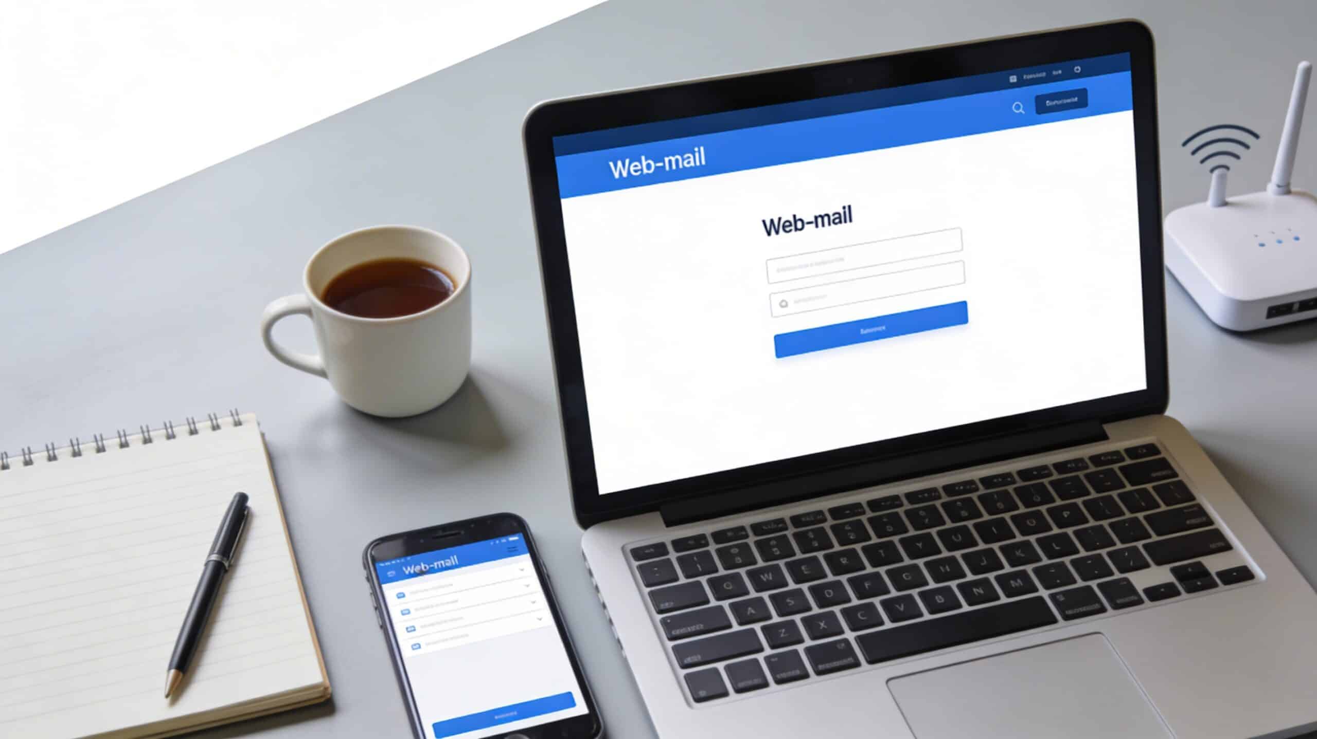 Bureau moderne avec ordinateur portable affichant une page de connexion de webmail générique, smartphone avec interface de messagerie, carnet, tasse de café et petit routeur Wi‑Fi.
