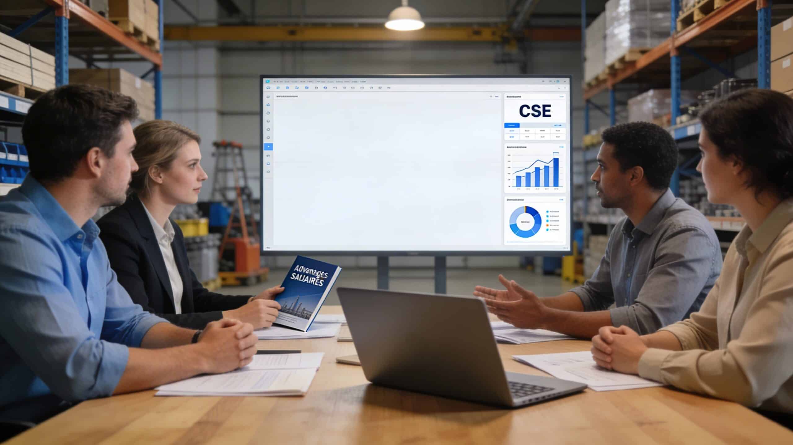 Réunion d’équipe en entreprise avec documents et ordinateur, image de couverture sur le CSE Loxam et les avantages salariés.