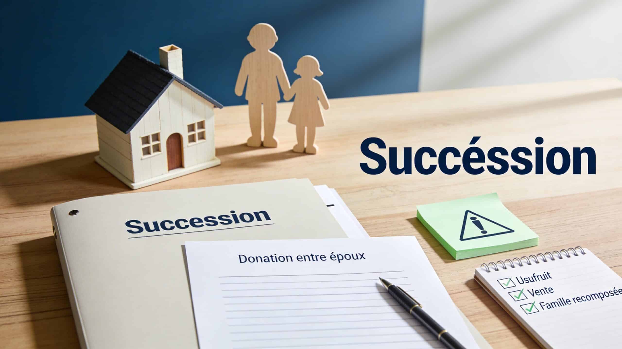 Dossier “Succession”, feuille “Donation entre époux” et maison miniature avec figurines d’enfants sur une table, checklist de prudence