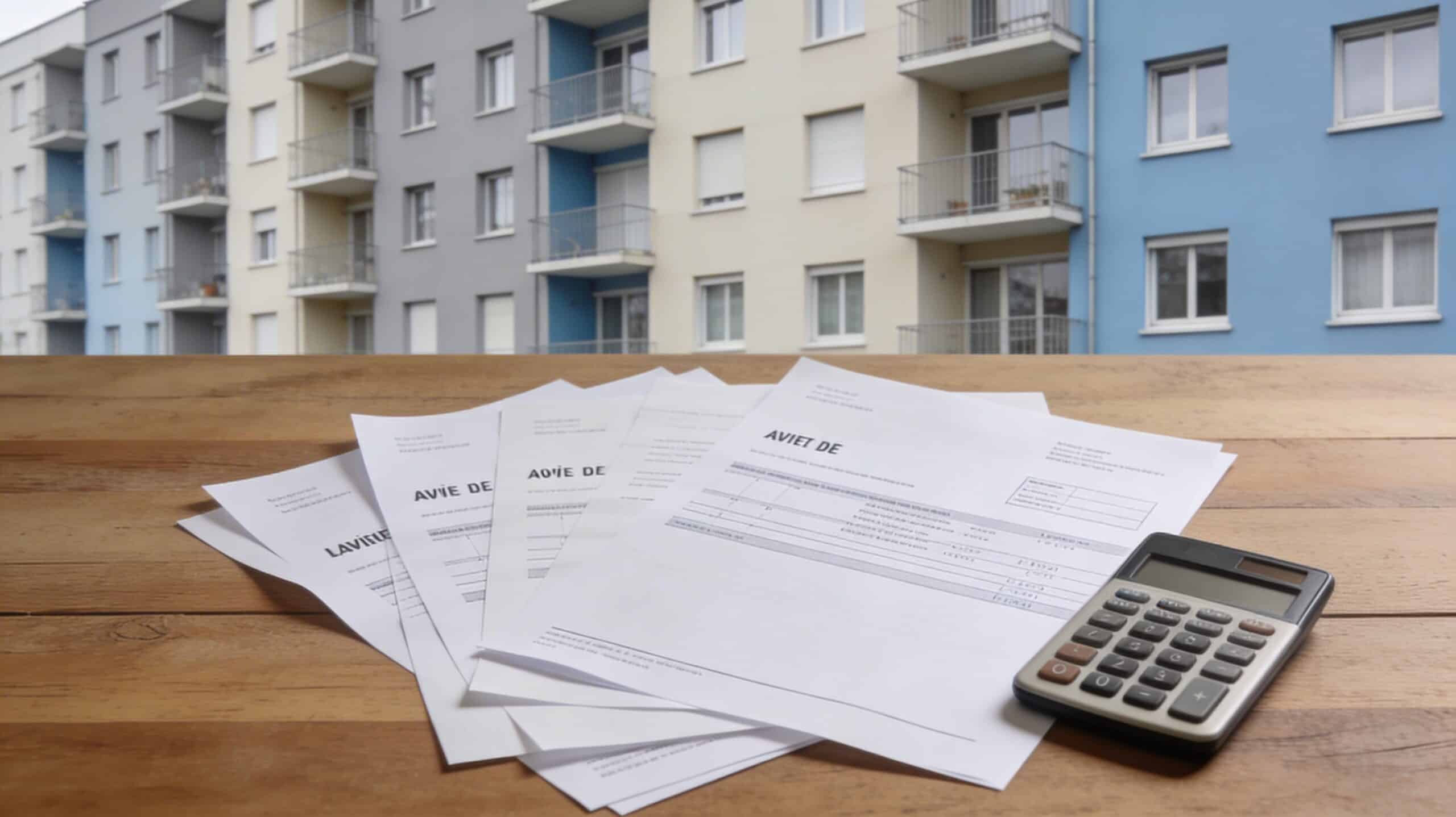 Immeuble de logement social avec documents administratifs et calculatrice, image de couverture sur la contestation d’un surloyer HLM abusif.