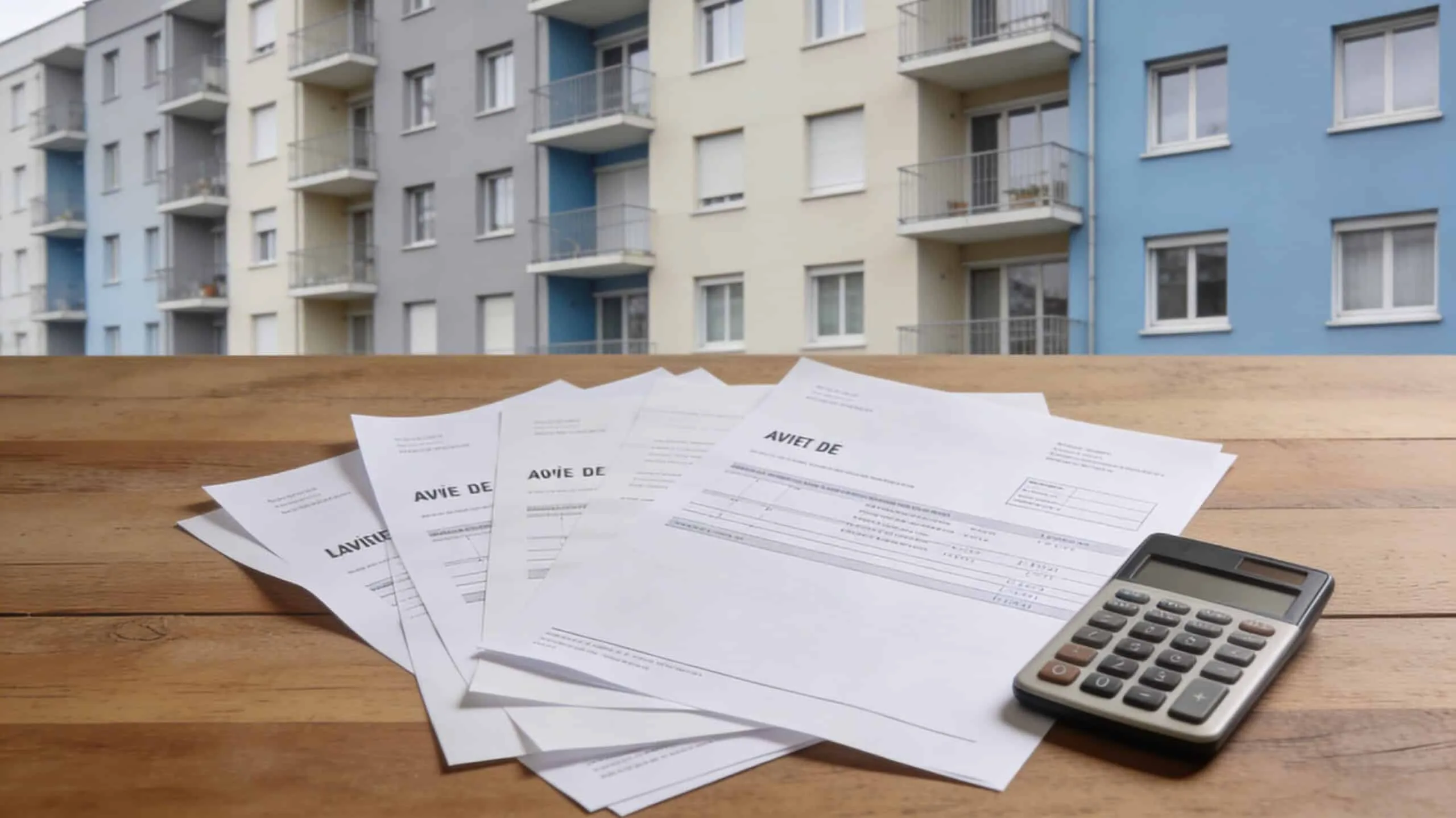 Immeuble de logement social avec documents administratifs et calculatrice, image de couverture sur la contestation d’un surloyer HLM abusif.