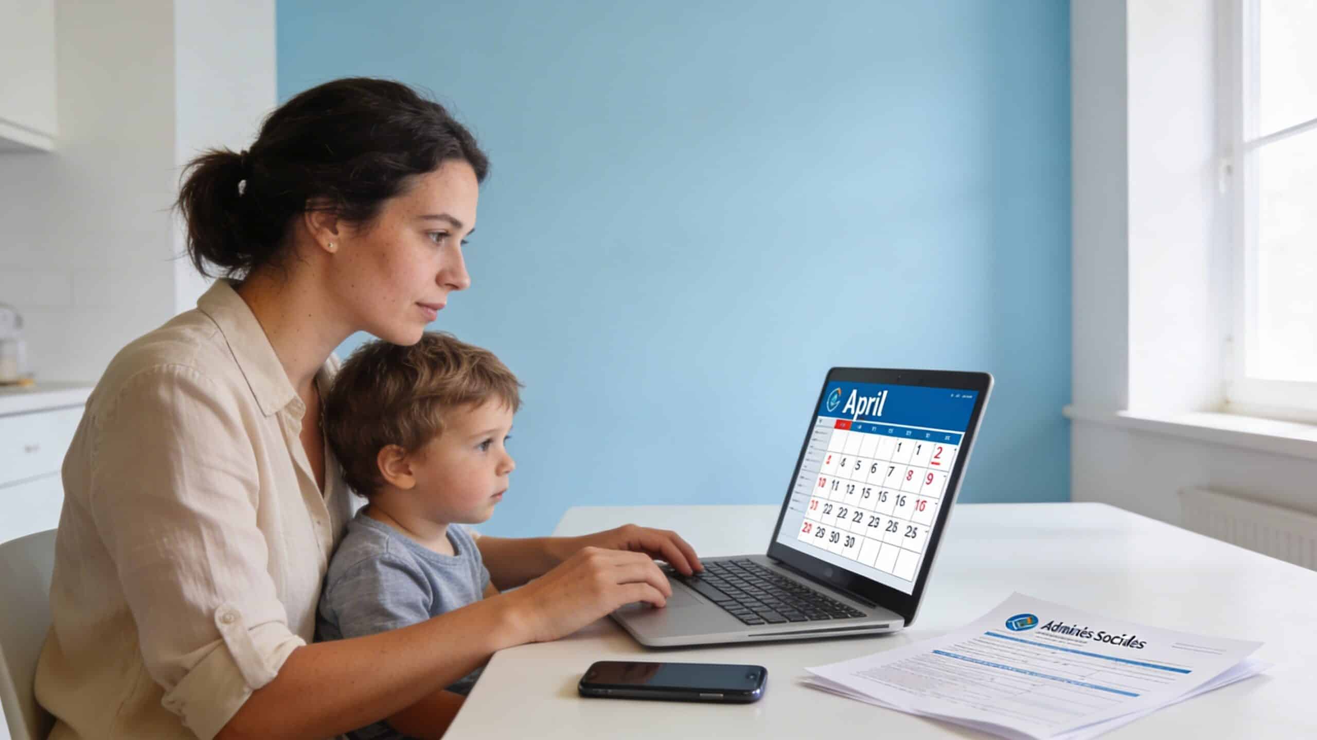 Mère seule avec son enfant consultant un ordinateur et des documents administratifs pour vérifier des aides sociales