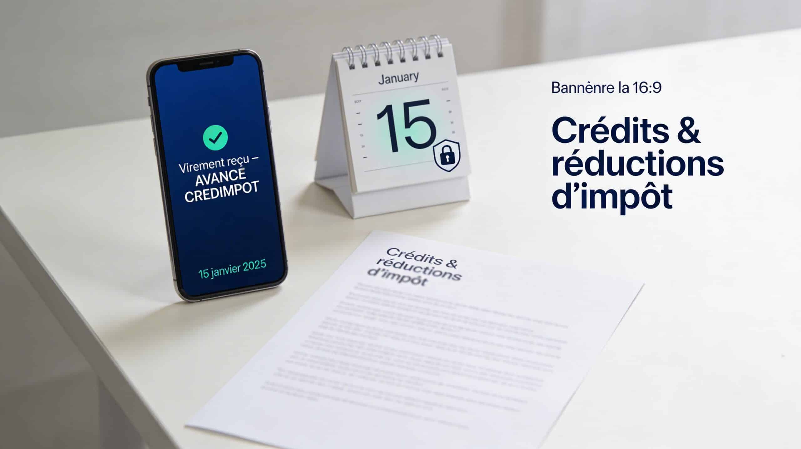 Smartphone indiquant “Virement reçu – AVANCE CREDIMPOT” et calendrier sur le 15 janvier 2025, document crédits d’impôt sur un bureau
