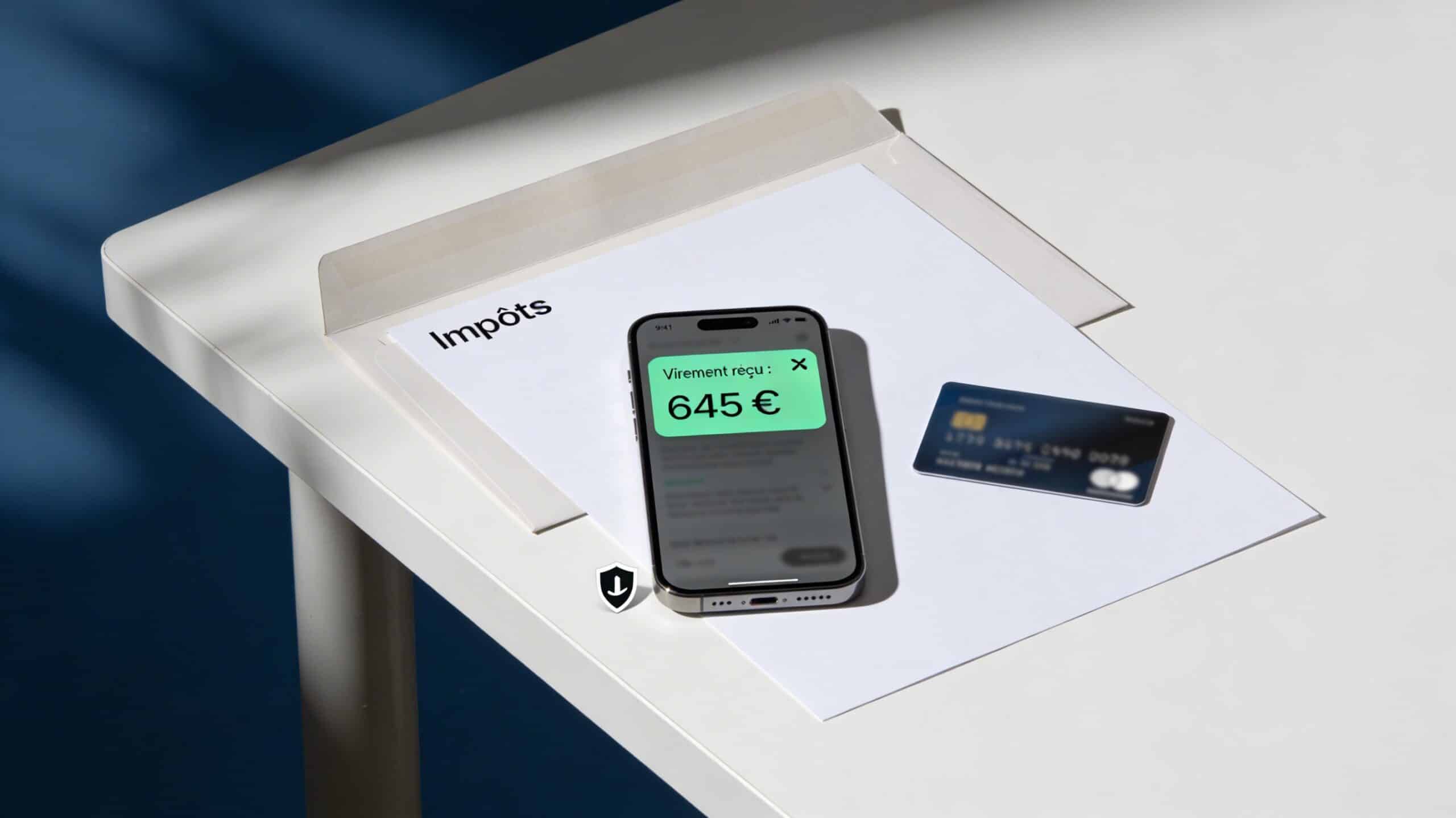 Notification “Virement reçu : 645 €” sur smartphone et feuille “Impôts” sur un bureau, symbole bouclier