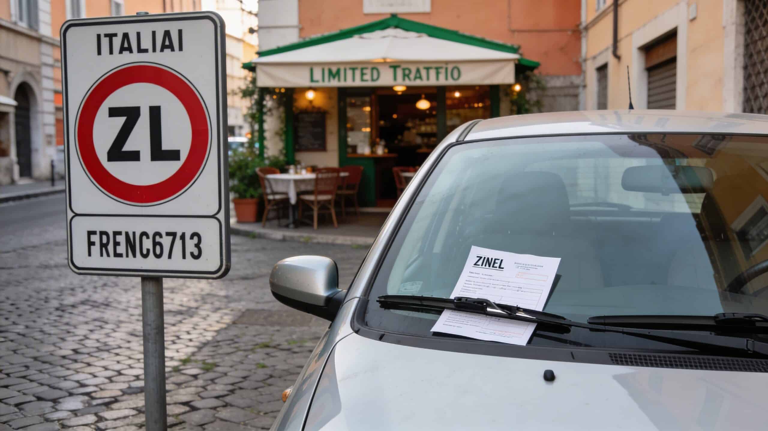 Voiture avec plaque française et avis d’amende en Italie près d’une zone à trafic limité, illustration d’un article pour un conducteur français