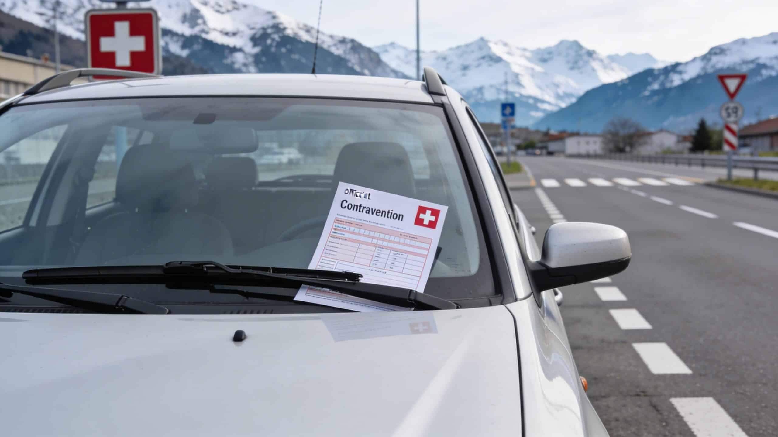Voiture avec plaque française et avis d’amende en Suisse, illustration d’un article sur les démarches pour un Français
